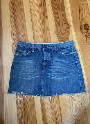 Vintage denim стильна спідниця джинсова/denim з низькою посадкою на ґудзики, синій джинс з імітованими потертостями.