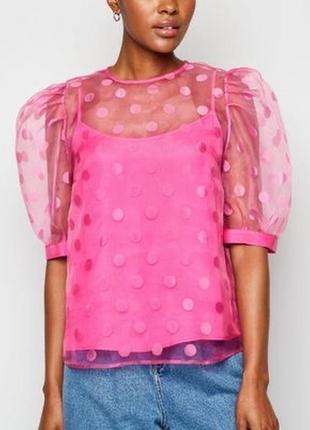 Шикарная розовая блуза, блузка, топ из органзы в горошек с фонариками объемными