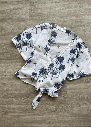 Стильная натуральная льняная блуза рубашка с завязками на талии h&m 36/s10 фото