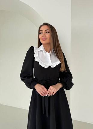 Чорна жіноча сукня міді з комірцем жіноча довга сукня з поясом6 фото