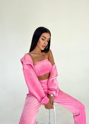 Плюшевий костюм трійка 😍 нереальний велюровий спортивний костюм ❤️ жіночий костюм велюр ❤️ рожевий костюм трійка3 фото