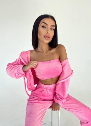 Плюшевий костюм трійка 😍 нереальний велюровий спортивний костюм ❤️ жіночий костюм велюр ❤️ рожевий костюм трійка2 фото