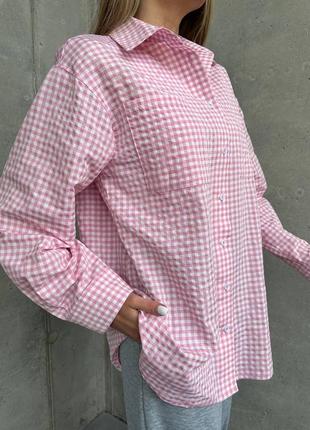 Жіноча базова сорочка оверсайз подовжена з котону у клітинку рожева блакитна стильна трендова7 фото
