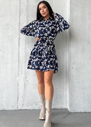 Синя жіноча коротка сукня в квітковий принт жіноча сукня сорочка міні в квіти1 фото