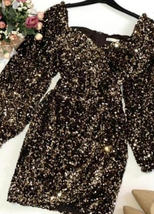 Розкішна золота святкова сукня з об'ємними рукавами бафами в паєтки від nly trend. на 8 березня.1 фото
