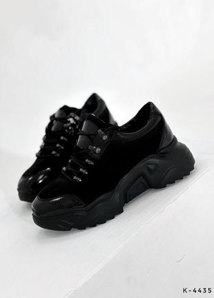 Натуральные кроссовки 1251, черные, натуральная замша/лак