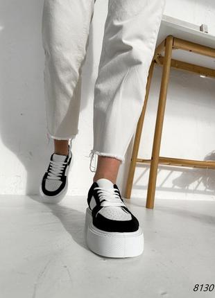 Чорно білі чорні шкіряні нубукові кросівки кеди кєди з перфорацією на товстій підошві3 фото