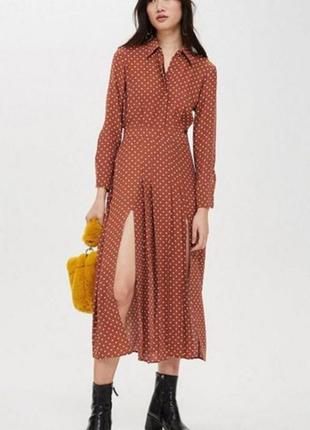 Трендова довга сукня плаття сорочка в горох з розрізами бренд topshop