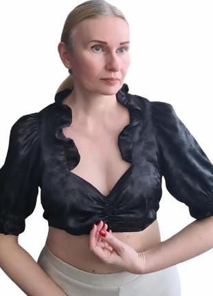 Крутий класний офігезний стильний вишуканий вінтажний чорний топ кроп-топ блузка блуза ретро вінтаж рюші1 фото