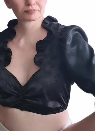 Крутий класний офігезний стильний вишуканий вінтажний чорний топ кроп-топ блузка блуза ретро вінтаж рюші5 фото