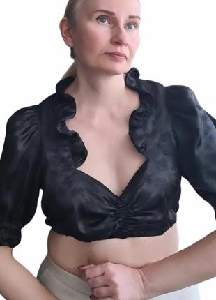 Крутий класний офігезний стильний вишуканий вінтажний чорний топ кроп-топ блузка блуза ретро вінтаж рюші2 фото