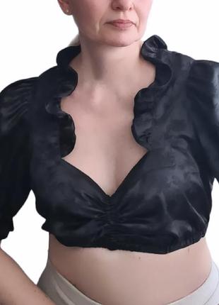 Крутий класний офігезний стильний вишуканий вінтажний чорний топ кроп-топ блузка блуза ретро вінтаж рюші4 фото