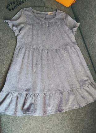 Свободное расклешенное ярусное платье из смесового льна 48 размера4 фото