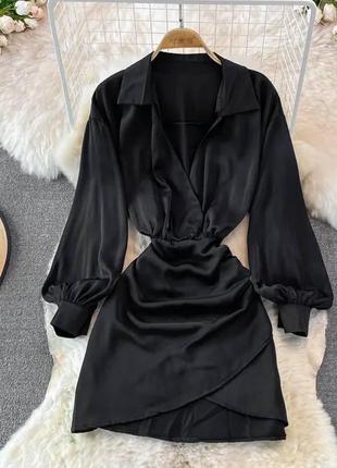 Сукня міні однотонна на довгий рукав з вирізом в зоні декольте приталена якісна стильна чорна