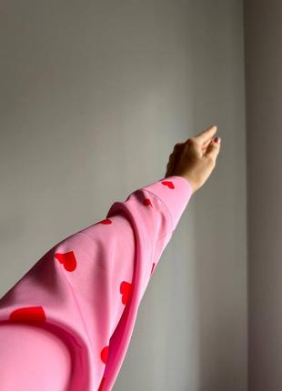 Атласная шелковая розовая в сердечки пижама рубашка и штаны клеш s-l7 фото