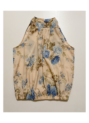 Eur 38 блуза квіткова з горловиною без рукава тілесна з резинкою внизу4 фото