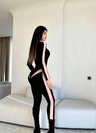 Комбінезон жіночий чорний на довгий рукав з сіткою якісний стильний трендовий