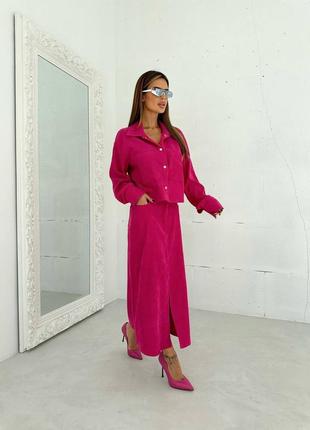 Рожевий фуксія жіночий вельветовий костюм піджак спідниця міді з розрізом вельвет4 фото