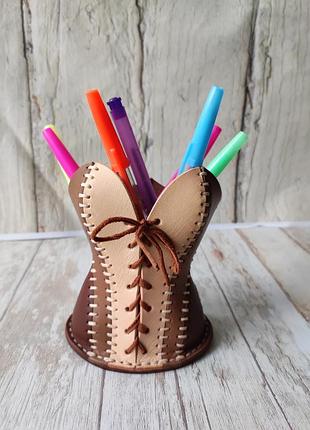 Кожаный стакан для карандашей, органайзер, подарок девушке, подарок девочке,...