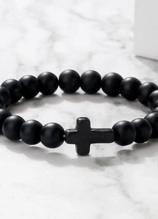Браслет черный крест камень цепочка на руку из камня крестик каменный