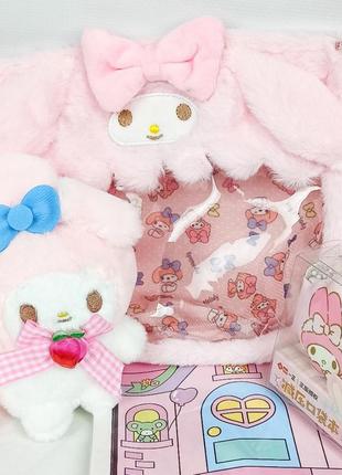 Подарунковий набір sanrio: м'яка іграшка мелоді у сумці-кросбоді, бізі бук melody, блокнот зі стікерами