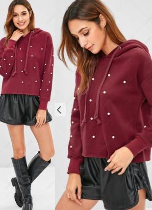 Балахон-кроп с бусинками, красивая чуть укороченная толстовка с капюшоном