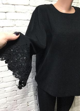 Чорна блуза, оригінальні рукави з гіпюром, вільний крій1 фото