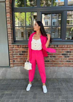 Костюм тройка брючный летний брюки майка рубашка кофта блуза топ штаны розовый малиновый