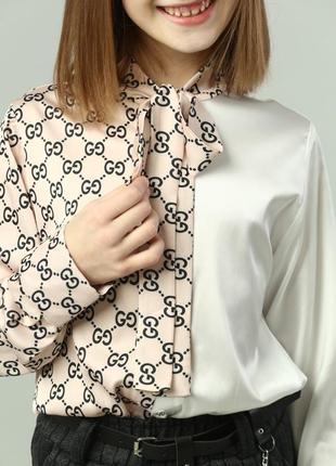 Дитяча шовкова нарядна блузка з довгим рукавом для дівчинки підлітка бежева біла підліткова блуза рубашка сорочка