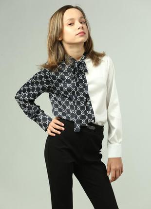 Дитяча шовкова нарядна блузка з довгим рукавом для дівчинки підлітка чорна біла підліткова блуза рубашка сорочка