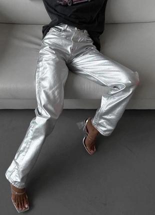 Жіночі срібні штани труби металік5 фото