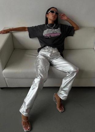 Жіночі срібні штани труби металік6 фото