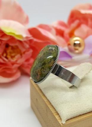 🍃💍стильное кольцо мини-овал натуральный камень яшма унакит4 фото