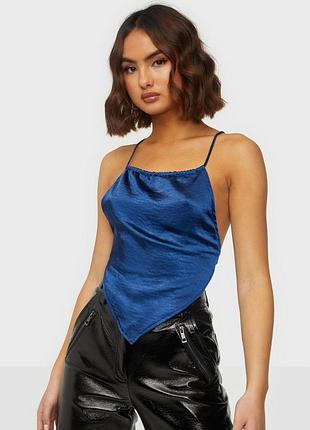 Атласний топ, синій топ, топ на шнурівці, топ з відкритою спинкою
