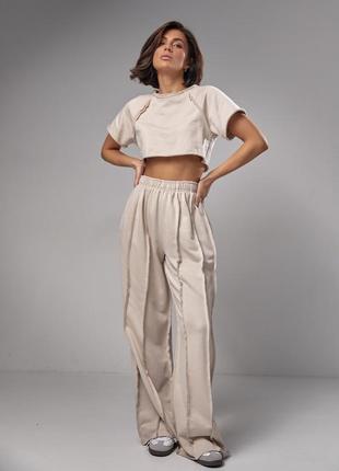 Жіночій якісний трикотажний літній трендовий костюм: укорочений топ і широкі штани baggy гранж3 фото
