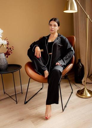 Жіноча піжама шовк оверсайз сорочка і штани з кантом домашній костюм