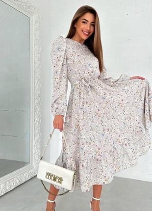 Сіра жіноча довга сукня в квітковий принт з поясом ніжна довга сукня в квіти софт