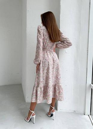 Пудра рожева жіноча довга сукня в квітковий принт з поясом ніжна довга сукня в квіти софт2 фото
