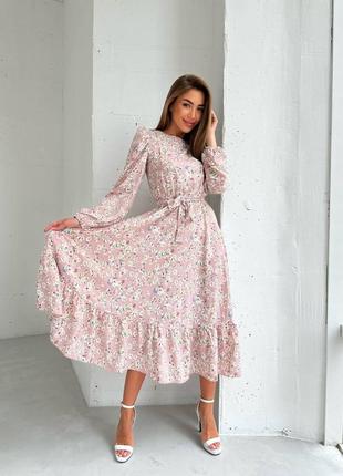 Пудра рожева жіноча довга сукня в квітковий принт з поясом ніжна довга сукня в квіти софт3 фото