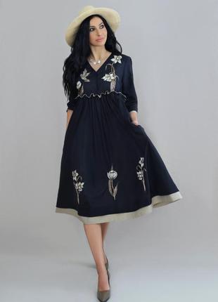 Сукня міді з авторською вишивкою «весняна прогулянка»