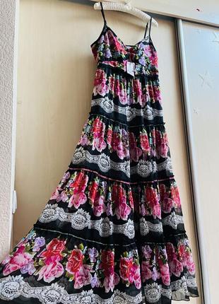 Сукня шифонова ярусна квітковий принт бретелі вишивка нарядне плаття сарафан