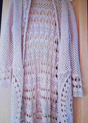 Ажурний кардиган кроше плетений бежева накидка вязана