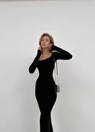 Женское черное элегантное базовое стильное качественное длинное макси платье с длинным рукавом2 фото