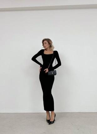 Женское черное элегантное базовое стильное качественное длинное макси платье с длинным рукавом6 фото