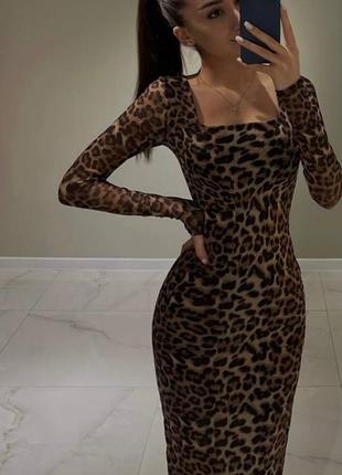 Женское стильное качественное длинное макси леопардовое платье с длинным рукавом2 фото