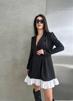 Чорна ділова сукня піджак з білим рюшем на юбці4 фото