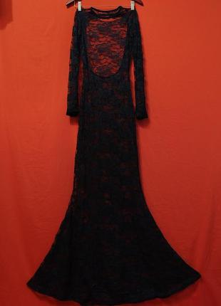Прозрачное гипюровое платье русалочка с открытой спиной и рукавами митенками макси