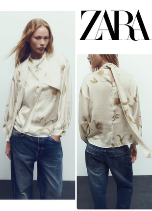 Атласная цветочная блуза zara р.l5 фото