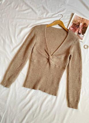 Песочный свитер/джемпер с узлом/с треугольным декольте1 фото