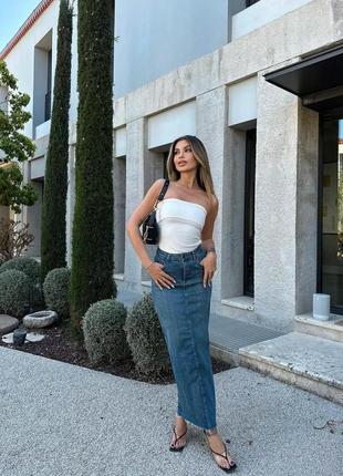 Стильная трендовая джинсовая юбка zara макси длины с разрезом сзади6 фото